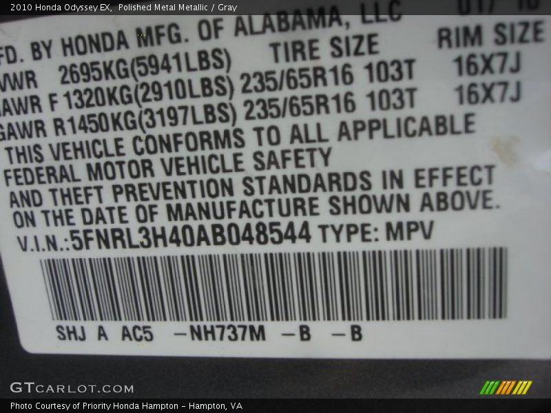 Polished Metal Metallic / Gray 2010 Honda Odyssey EX