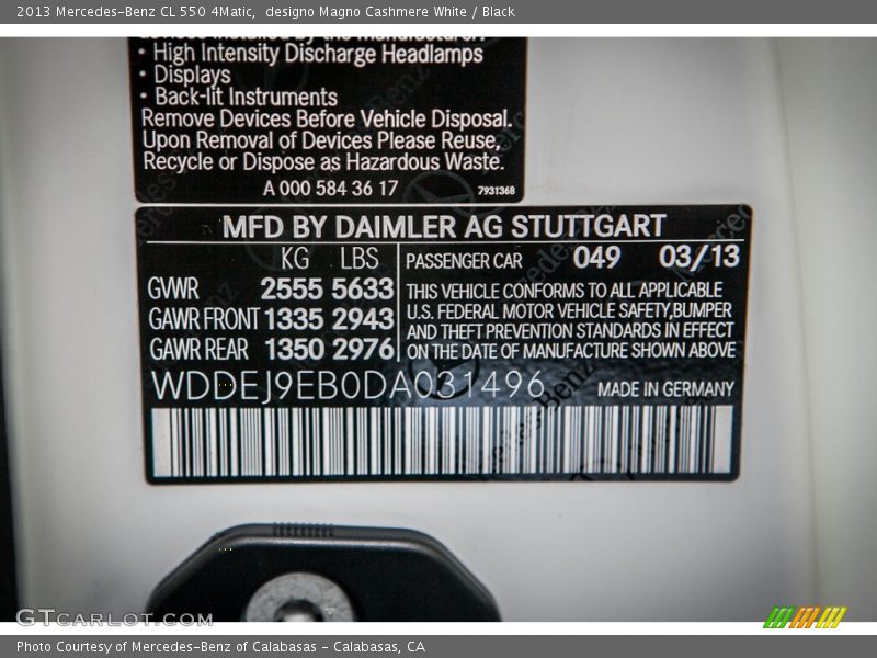 2013 CL 550 4Matic designo Magno Cashmere White Color Code 049
