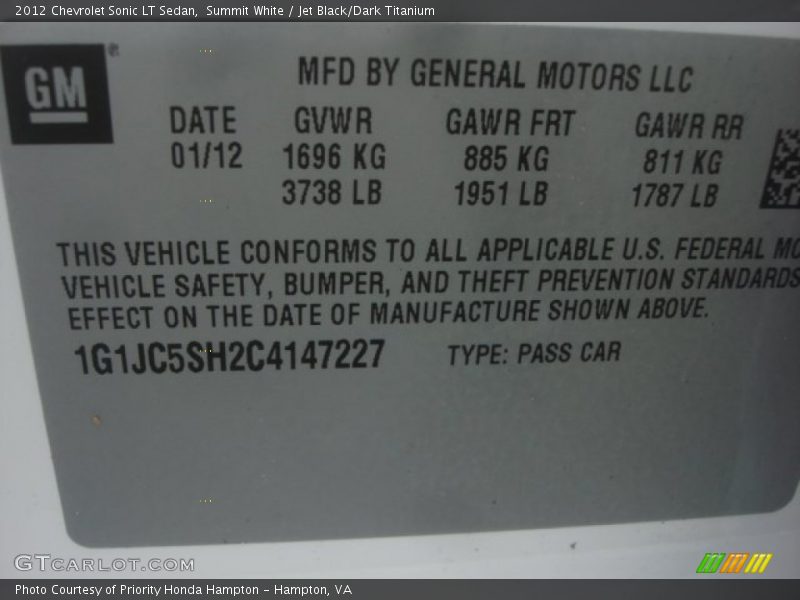 Summit White / Jet Black/Dark Titanium 2012 Chevrolet Sonic LT Sedan