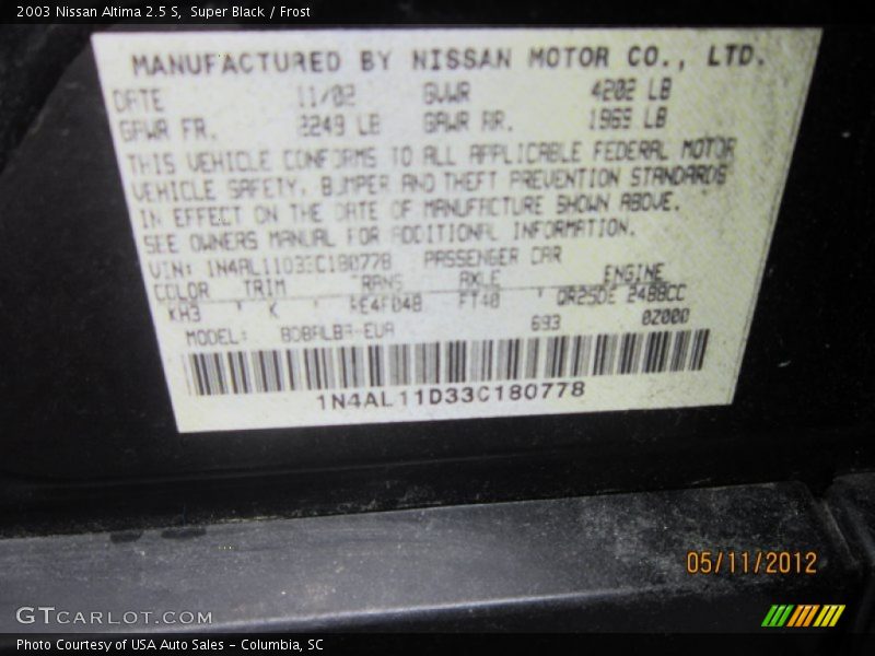 Super Black / Frost 2003 Nissan Altima 2.5 S