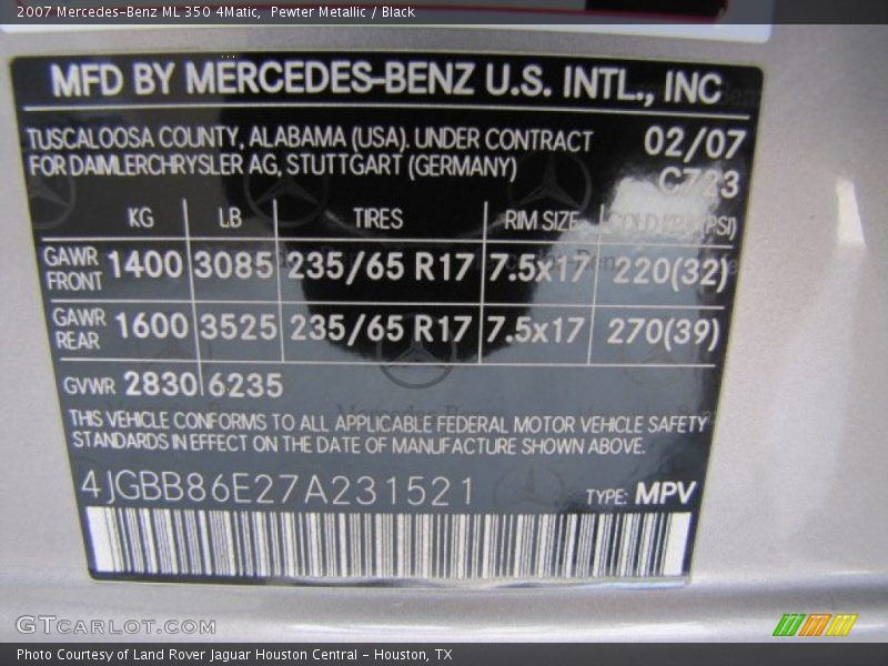 Pewter Metallic / Black 2007 Mercedes-Benz ML 350 4Matic