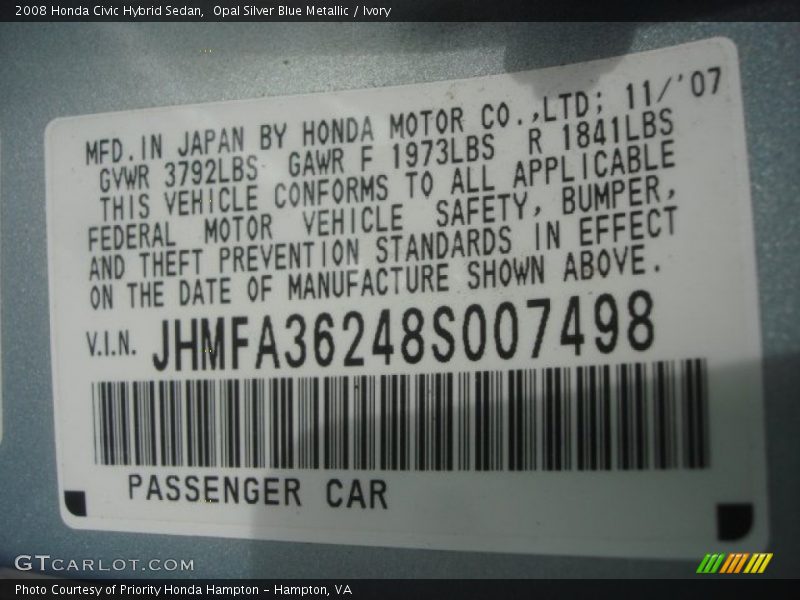 Opal Silver Blue Metallic / Ivory 2008 Honda Civic Hybrid Sedan