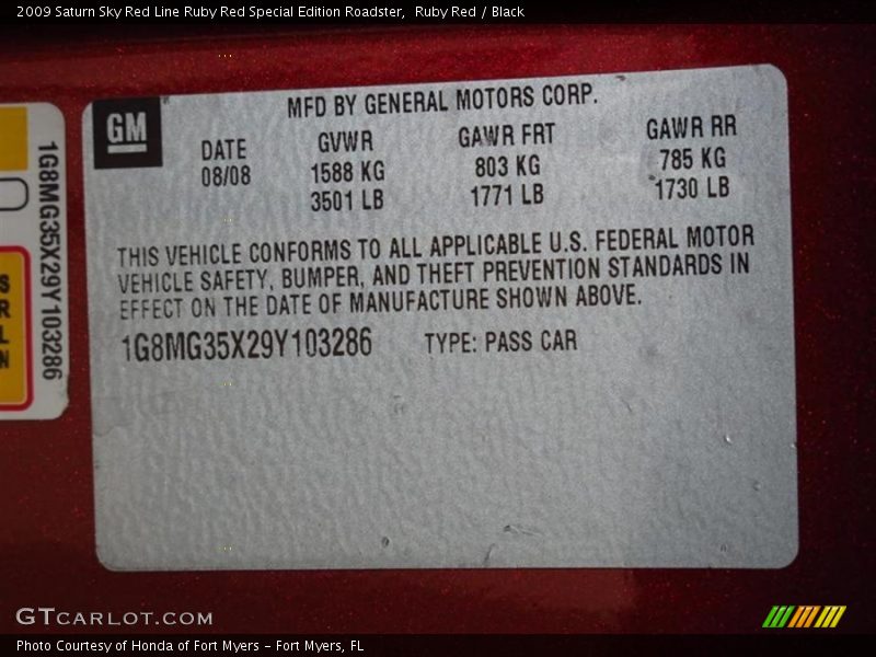 Ruby Red / Black 2009 Saturn Sky Red Line Ruby Red Special Edition Roadster