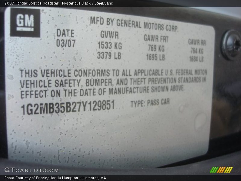 Mysterious Black / Steel/Sand 2007 Pontiac Solstice Roadster