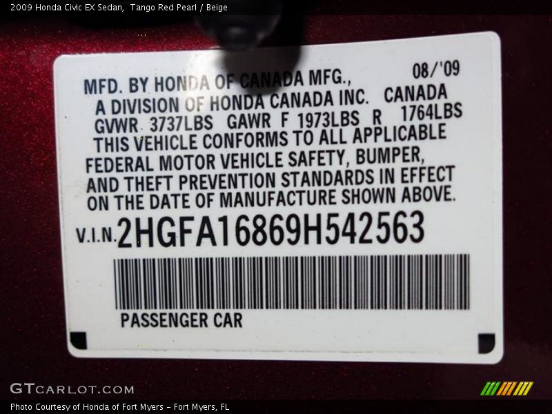 Tango Red Pearl / Beige 2009 Honda Civic EX Sedan