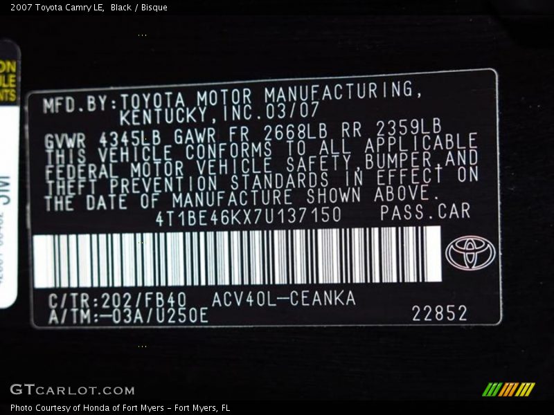 Black / Bisque 2007 Toyota Camry LE