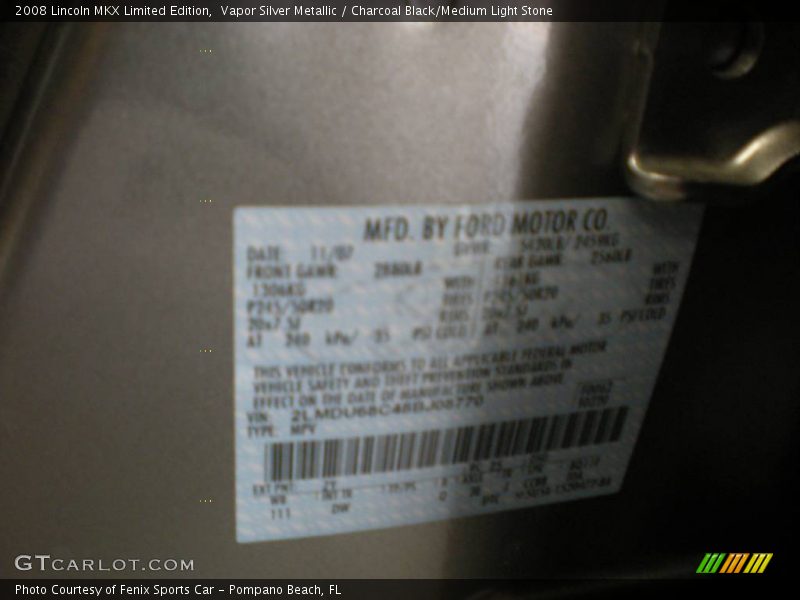 Vapor Silver Metallic / Charcoal Black/Medium Light Stone 2008 Lincoln MKX Limited Edition