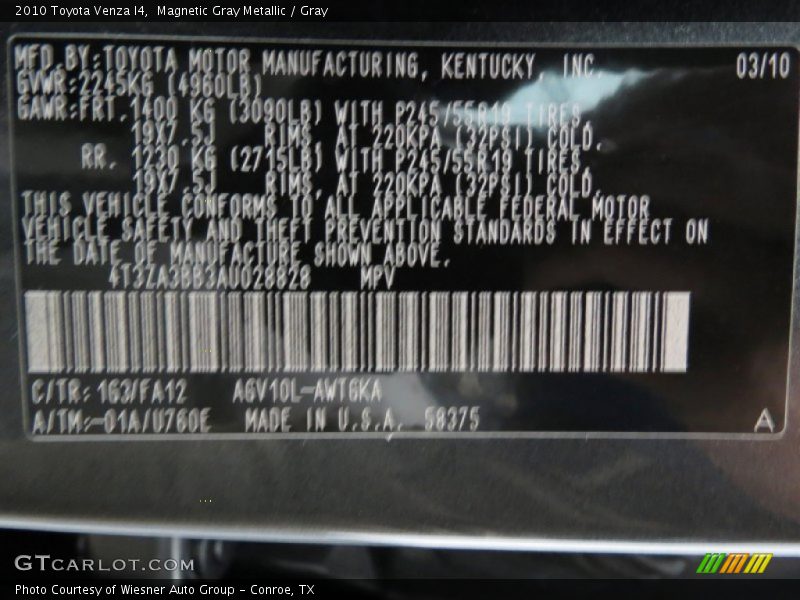 Magnetic Gray Metallic / Gray 2010 Toyota Venza I4