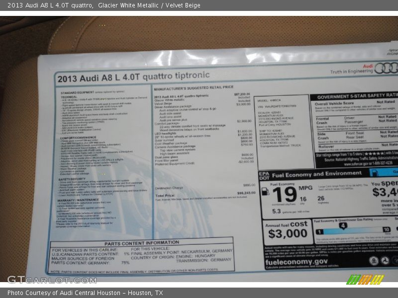 Glacier White Metallic / Velvet Beige 2013 Audi A8 L 4.0T quattro