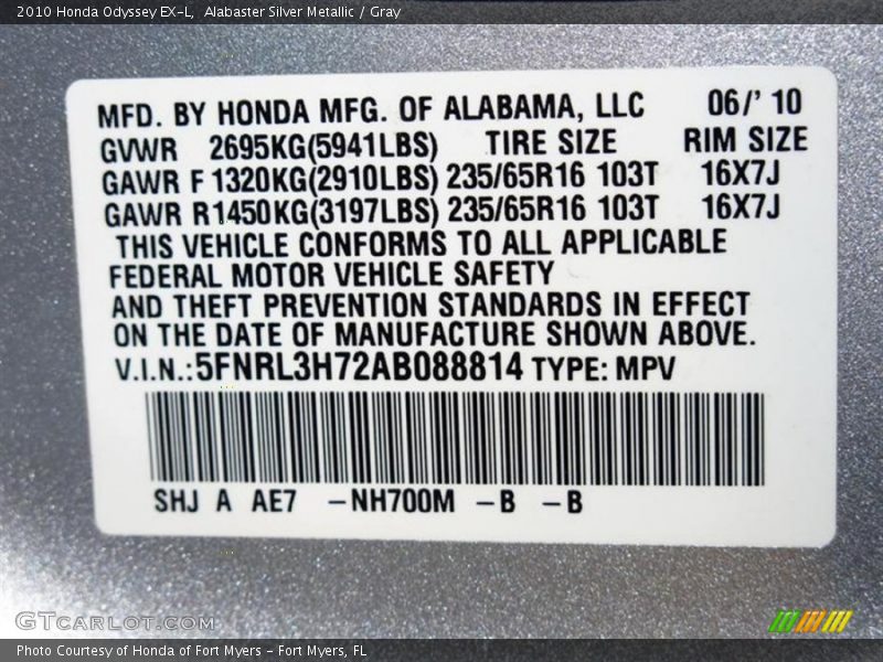 Alabaster Silver Metallic / Gray 2010 Honda Odyssey EX-L