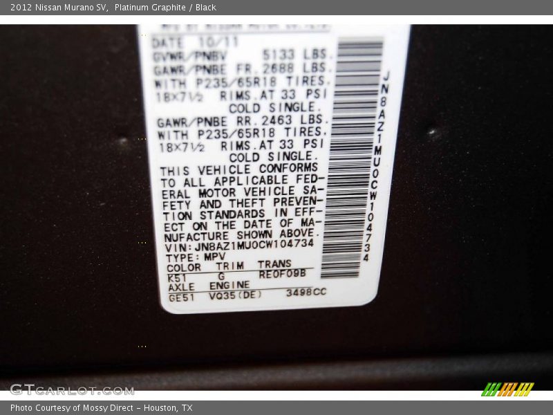 Platinum Graphite / Black 2012 Nissan Murano SV