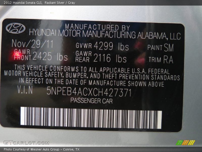 Radiant Silver / Gray 2012 Hyundai Sonata GLS