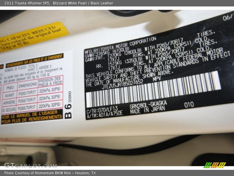 Blizzard White Pearl / Black Leather 2011 Toyota 4Runner SR5