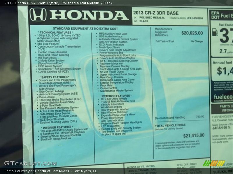  2013 CR-Z Sport Hybrid Window Sticker