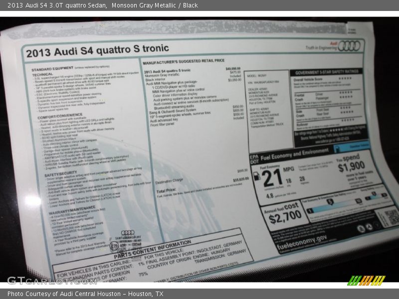  2013 S4 3.0T quattro Sedan Window Sticker