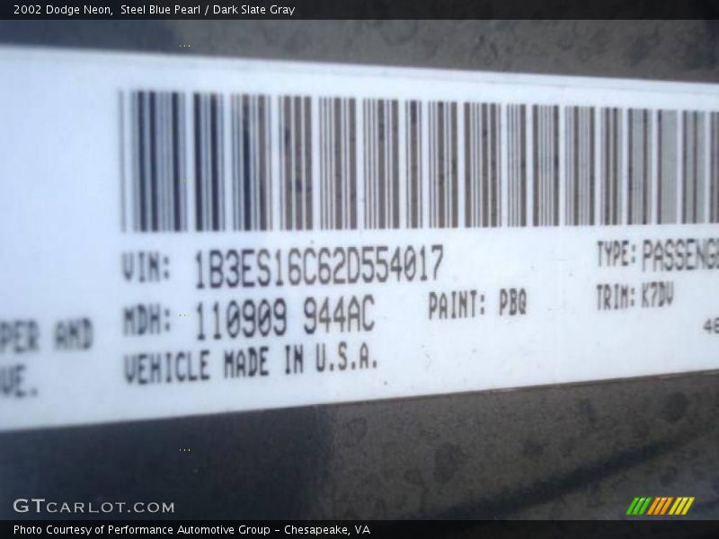 Steel Blue Pearl / Dark Slate Gray 2002 Dodge Neon