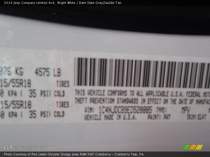 2014 Compass Limited 4x4 Bright White Color Code PW7