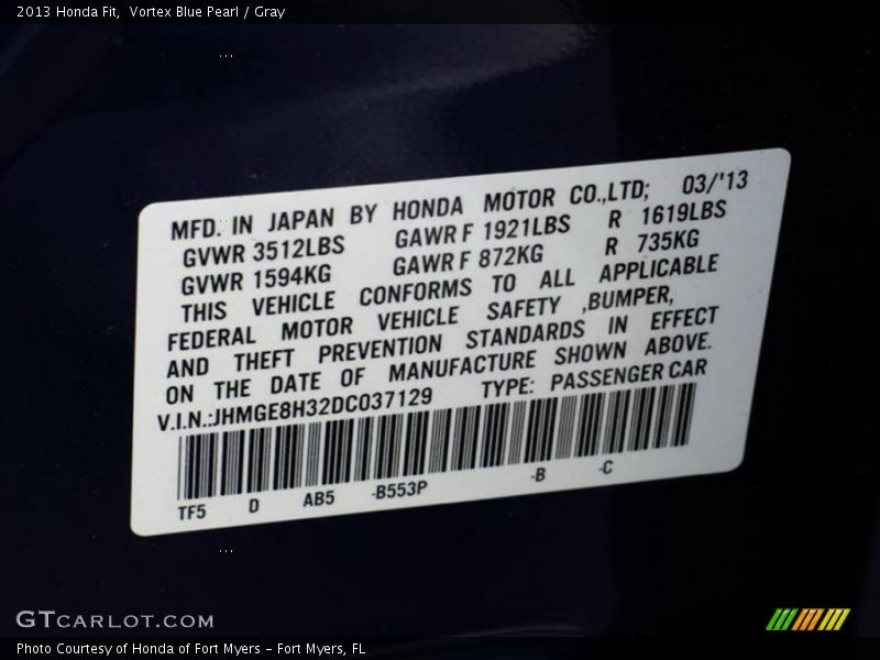 Vortex Blue Pearl / Gray 2013 Honda Fit
