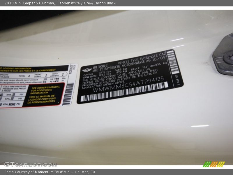 Pepper White / Grey/Carbon Black 2010 Mini Cooper S Clubman