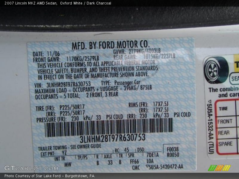 Oxford White / Dark Charcoal 2007 Lincoln MKZ AWD Sedan