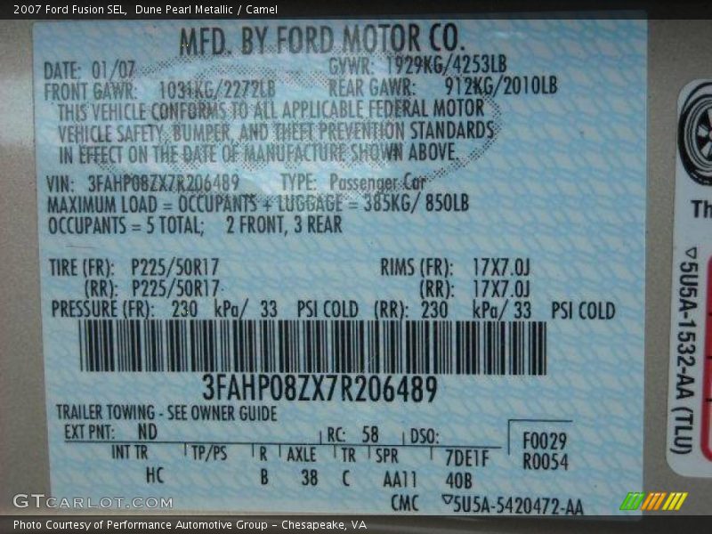 Dune Pearl Metallic / Camel 2007 Ford Fusion SEL