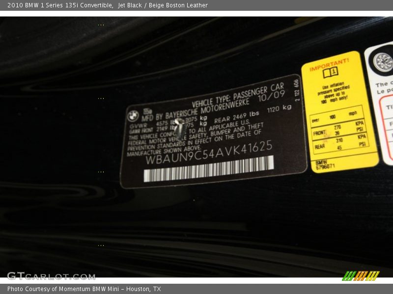 Jet Black / Beige Boston Leather 2010 BMW 1 Series 135i Convertible