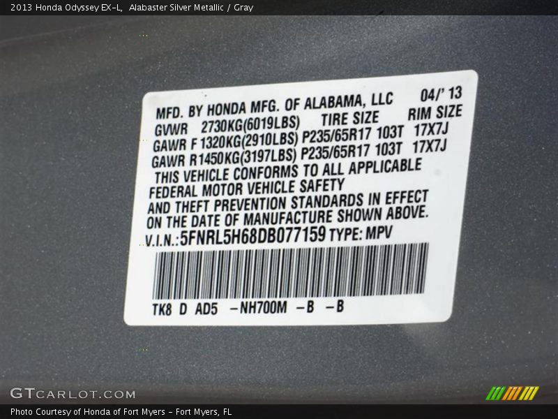 Alabaster Silver Metallic / Gray 2013 Honda Odyssey EX-L