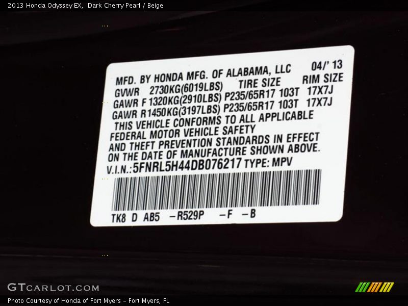 Dark Cherry Pearl / Beige 2013 Honda Odyssey EX