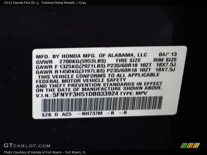 Polished Metal Metallic / Gray 2013 Honda Pilot EX-L