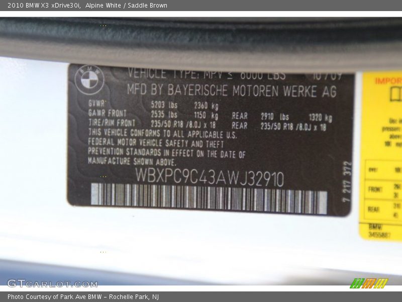 Alpine White / Saddle Brown 2010 BMW X3 xDrive30i