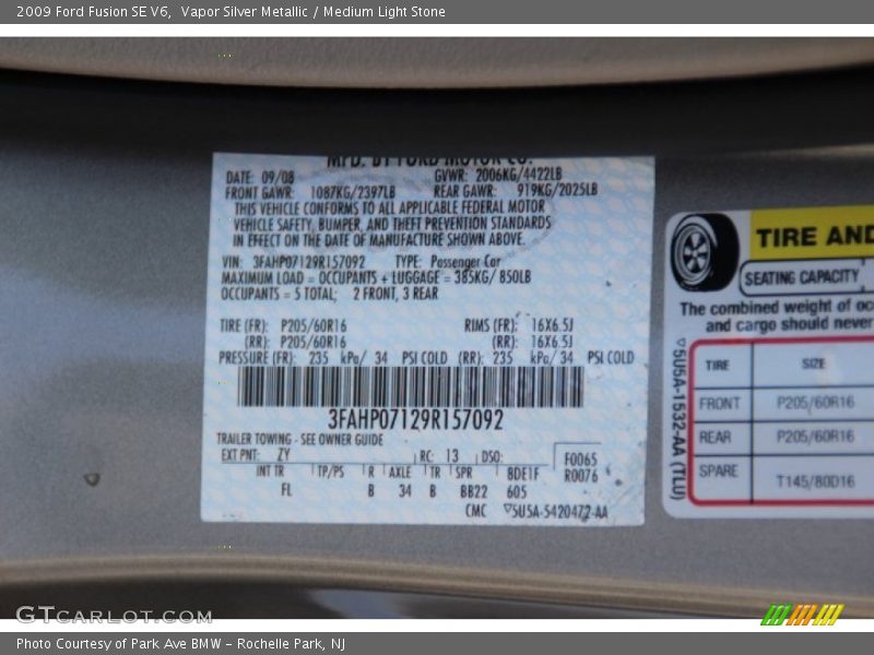 Vapor Silver Metallic / Medium Light Stone 2009 Ford Fusion SE V6