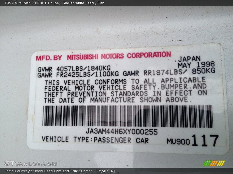 Glacier White Pearl / Tan 1999 Mitsubishi 3000GT Coupe