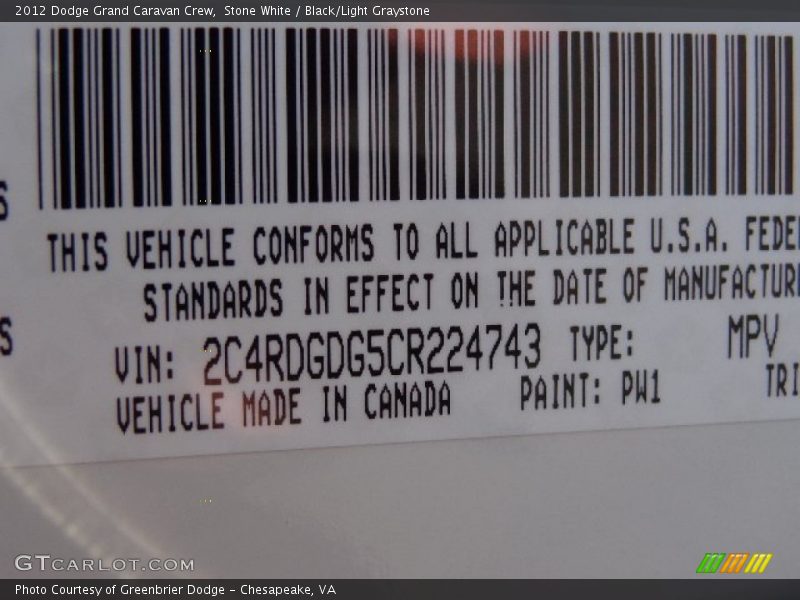 Stone White / Black/Light Graystone 2012 Dodge Grand Caravan Crew