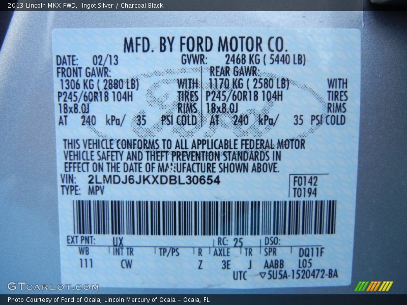 Ingot Silver / Charcoal Black 2013 Lincoln MKX FWD