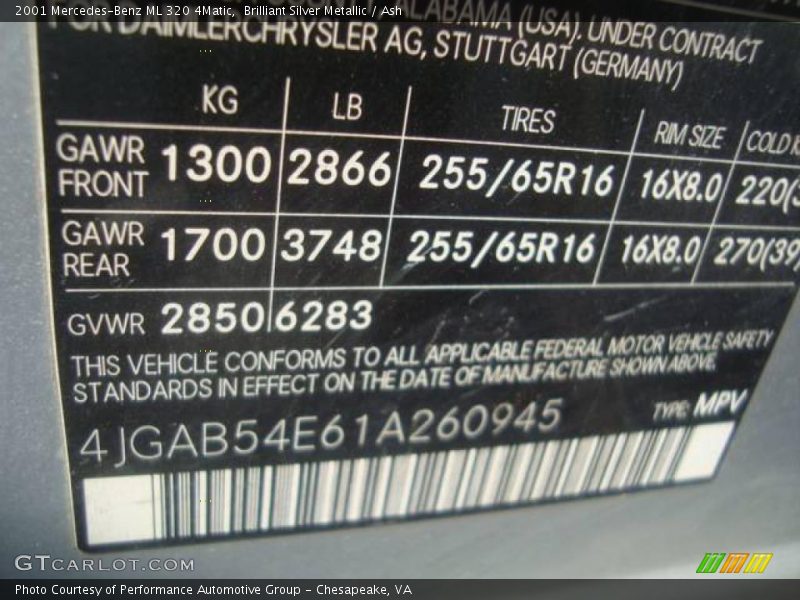 Brilliant Silver Metallic / Ash 2001 Mercedes-Benz ML 320 4Matic