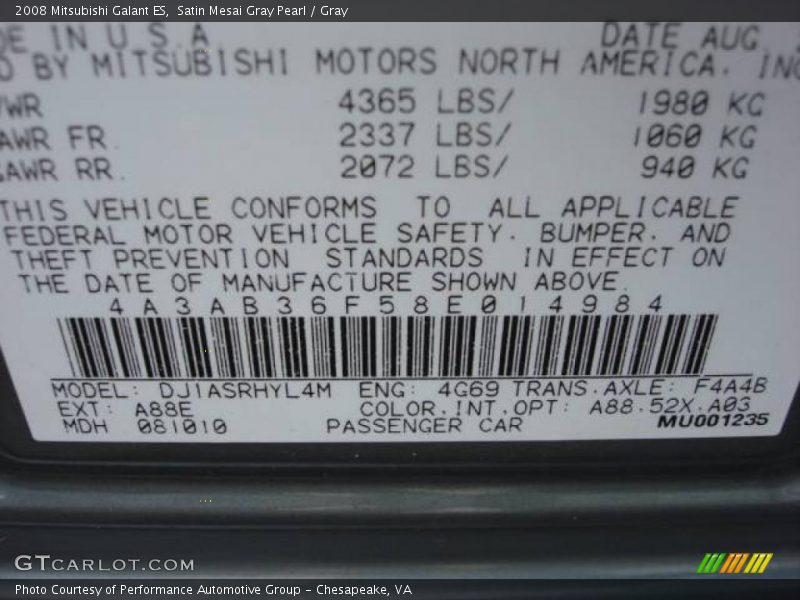Satin Mesai Gray Pearl / Gray 2008 Mitsubishi Galant ES