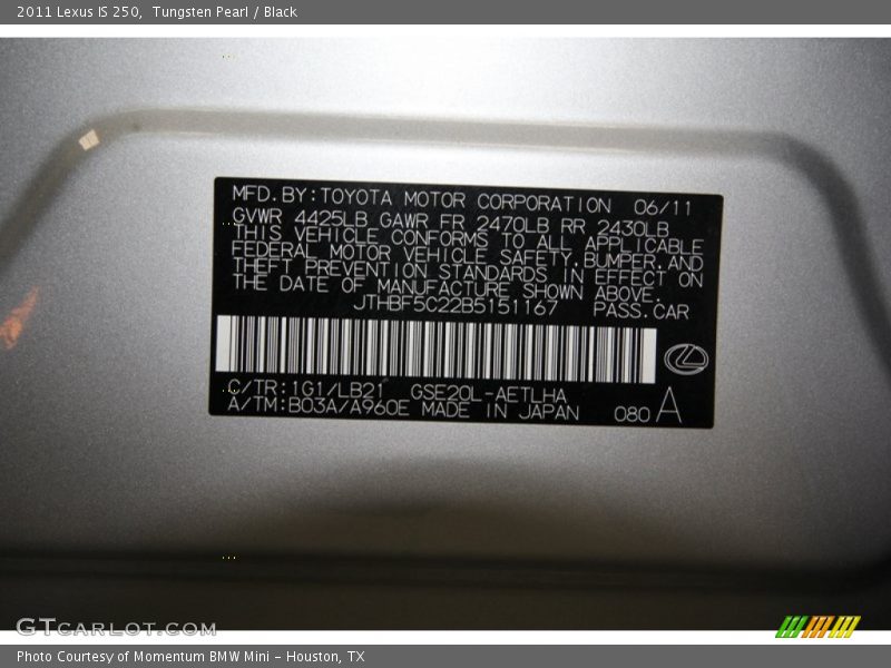 2011 IS 250 Tungsten Pearl Color Code 1G1