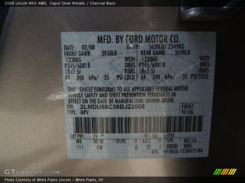 Vapor Silver Metallic / Charcoal Black 2008 Lincoln MKX AWD