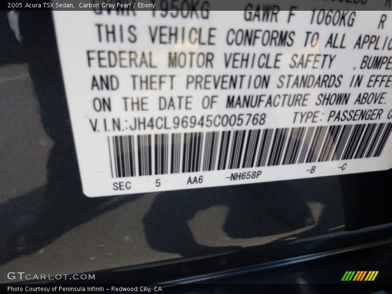 Carbon Gray Pearl / Ebony 2005 Acura TSX Sedan