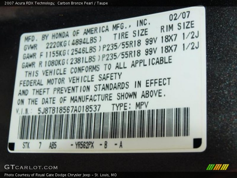 2007 RDX Technology Carbon Bronze Pearl Color Code YR562PX