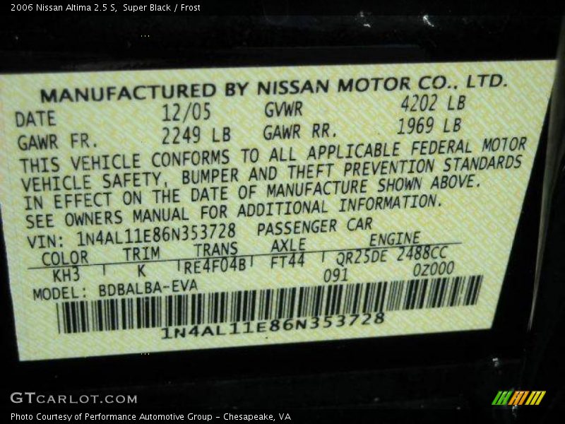 Super Black / Frost 2006 Nissan Altima 2.5 S