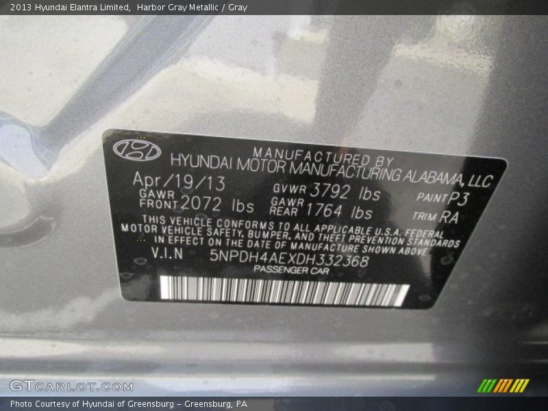 Harbor Gray Metallic / Gray 2013 Hyundai Elantra Limited