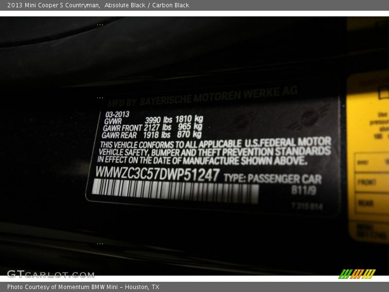 Absolute Black / Carbon Black 2013 Mini Cooper S Countryman