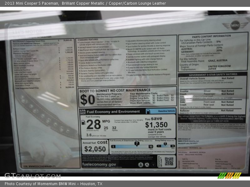  2013 Cooper S Paceman Window Sticker
