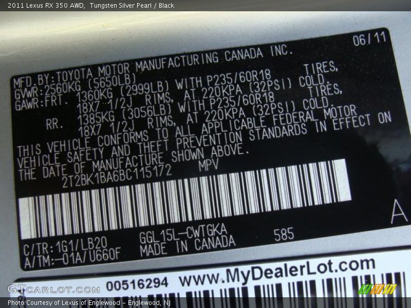 Tungsten Silver Pearl / Black 2011 Lexus RX 350 AWD