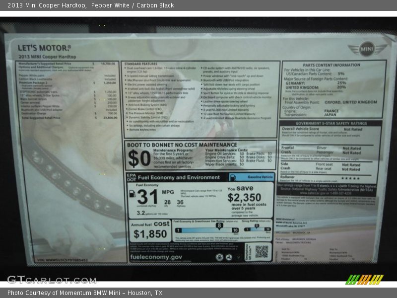 Pepper White / Carbon Black 2013 Mini Cooper Hardtop
