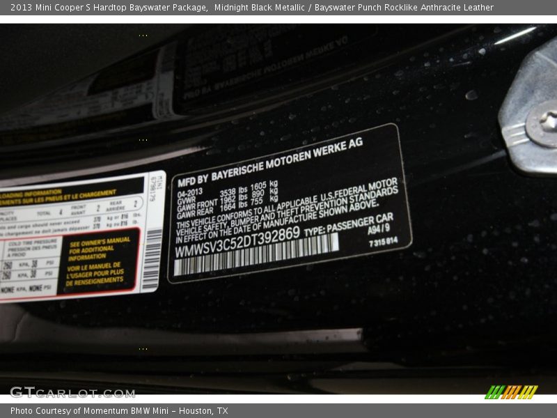 Midnight Black Metallic / Bayswater Punch Rocklike Anthracite Leather 2013 Mini Cooper S Hardtop Bayswater Package