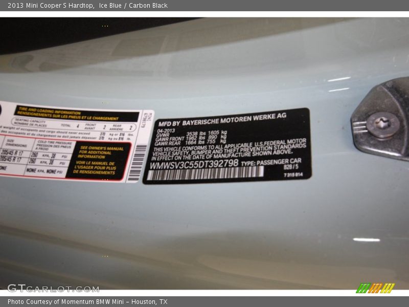 Ice Blue / Carbon Black 2013 Mini Cooper S Hardtop