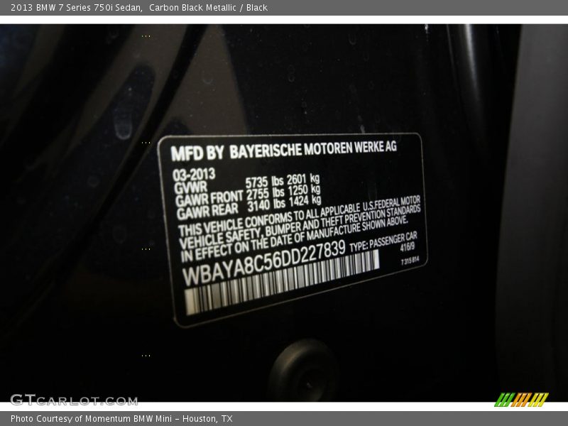 Carbon Black Metallic / Black 2013 BMW 7 Series 750i Sedan