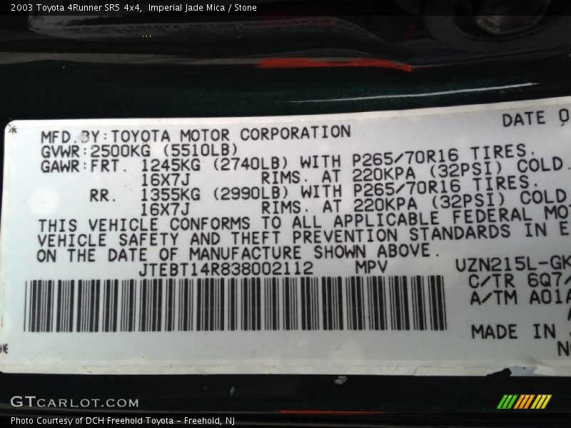 2003 4Runner SR5 4x4 Imperial Jade Mica Color Code 6Q7